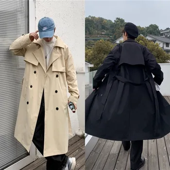 Kore Tarzı Erkekler Bahar Trençkot Erkek Streetwear Rüzgarlık Trençkot Erkekler Katı İş Rahat Gevşek Dantel-up Uzun Palto