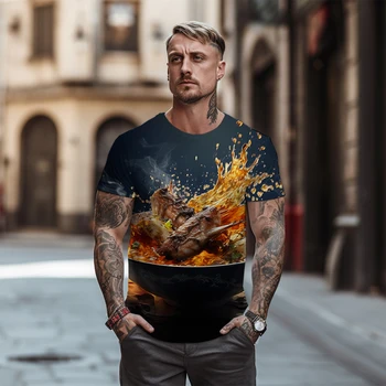 Yaz Yeni 3D Gıda Baskı Desen Yuvarlak Boyun T-shirt erkek Moda Vahşi Büyük Boy T-shirt Sokak Rahat erkek Üst