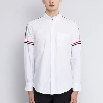 2023 Erkek Gömlek Erkekler İnce Beyaz Uzun Kollu Casual Gömlek Turn Down Yaka Oxford Çizgili Katı erkek Giyim