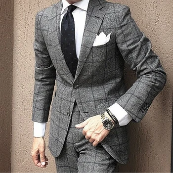 Gri erkek Takım Elbise Forma İş Ofis Ekose onay Ceket Yelek Pantolon 3 Adet Resmi Damat Düğün Smokin Özel Yapılmış Erkek Giyim