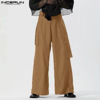 2023 Erkekler Düzensiz Pantolon Katı Pilili Joggers Düğme moda pantolon Erkekler Lace Up Streetwear Casual uzun pantolon S-5XL INCERUN