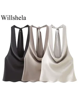 Willshela Kadın Moda Katı Dantel Up Backless Yan Fermuar Tops Vintage Halter Boyun Kadın Chic kadın bluzları