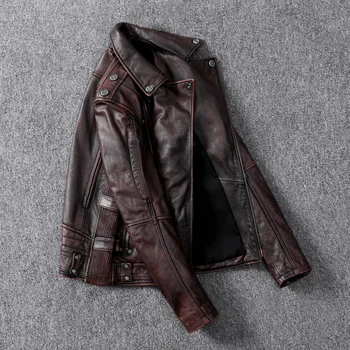 Katman İnek Derisi Deri Deri Ceket erkek Taş Yıkama Vintage Sıkıntılı Motosiklet Giyim Yaka Kısa Ceket