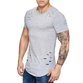 B8658 Delik yırtık t shirt erkek kısa kollu tişört spor yaz giysileri erkek komik katı tshirt streetwear ince tees tops