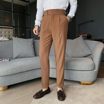 TPJB Yeni Tasarım Erkekler Yüksek Bel Pantolon Katı İngiltere Iş günlük giysi Pantolon Kemer Düz Slim Fit Dipleri Beyaz Giyim