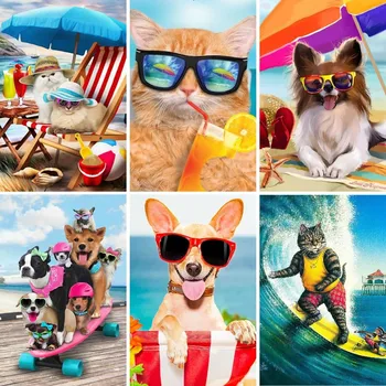 DİY Elmas Boyama Tam Kare Plaj Kediler Köpekler Tatil Çapraz Dikiş nakış elmas Mozaik Kitleri El Sanatları Duvar Dekor