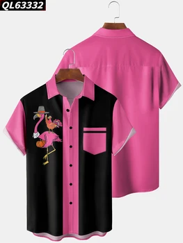 Yeni erkek Gömlek Yaz Moda Çizgili Kedi Flamingo Bira Desen Artı Boyutu Yüksek Kaliteli havai gömleği Adam Streetwear Tops