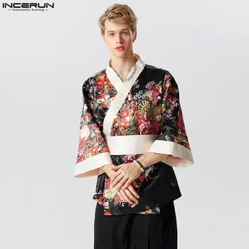 INCERUN Üstleri Çin Tarzı Yakışıklı erkek Baskılı Patchwork Saten Gömlek Parti Gösterileri Erkek Yarım Kollu Hırka Bluz S-5XL 2023