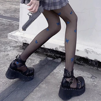 Mavi Kelebek İpek Tayt Kadınlar Seksi Siyah Deri İnce Külotlu Çorap Tayt Örgü Naylon Uzun Çorap Dikişsiz Lolita Külotlu Çorap