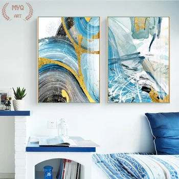 Modern Soyut Altın folyo hatları Mavi Tuval dekoratif tablolar Oturma Odası Yatak Odası İçin Posterler Ve Baskılar Duvar Posteri Ev Dekor
