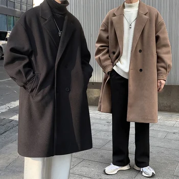 Sonbahar Kış Erkek Yün Toz Kat Japonya Tarzı Streetwear Erkek Gevşek Düz Renk Yüksek Kaliteli erkek Kalın Sıcak Trençkot