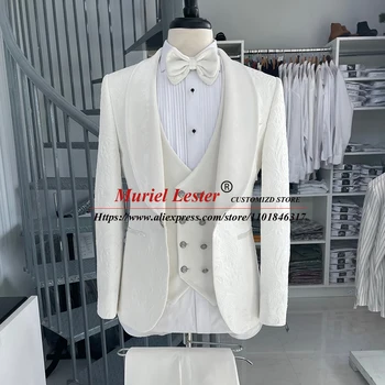 Çiçek Jakarlı Beyaz Takım Elbise Erkek Slim Fit 3 Adet Resmi Damat Düğün Smokin Özel Yapılmış Nothced Yaka Blazer Setleri Son