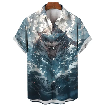 Hayvan Hawaii Erkek Gömlek 3d Köpekbalığı Baskı Yaz Eğlence Üstleri Gevşek Büyük Boy Gömlek Plaj Partisi Kısa Kollu Gömlek Ve Bluz