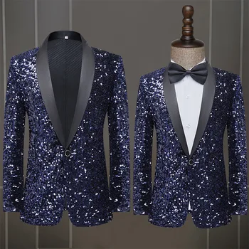 Moda Sequins Mavi erkek Blazer Ceket Şarkıcı Sahne Performansı Ana Elbise Tek Düğme Düğün Parti Yeni Şık Erkek Takım Elbise Ceket