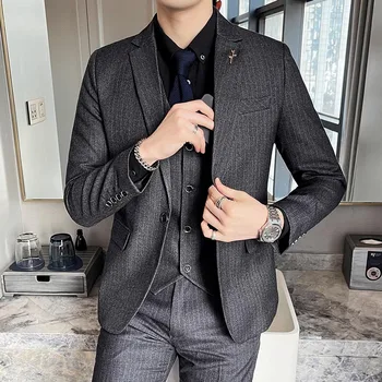 3 Adet Takım Elbise Seti Blazers Ceket Pantolon Vesy / 2023 Moda Yeni Erkek Rahat Butik İş İnce Çizgili Resmi Elbise Ceket Pantolon