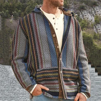 Sonbahar ve Kış Yeni erkek Rahat Kapüşonlu Çizgili Ceket Moda erkek Düğme Ceket Retro erkek Sokak Tarzı Ceket