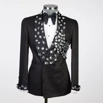 Lüks Metal Süslenmiş Erkek Takım Elbise Şal Yaka Damat Smokin Düğün Balo Blazers Pantolon 2 Adet Trajes elegante para hombres