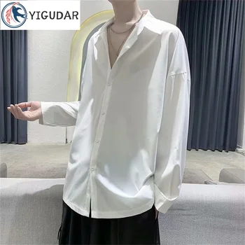 2023 yeni Kore Moda Yüksek Kaliteli Siyah Beyaz Gömlek Erkekler Casual Streetwear Uzun Kollu Tek Göğüslü Gömlek Üst Ropa Hombre