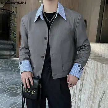 INCERUN Üstleri 2023 Kore Tarzı Yeni Erkekler Ekleme Katı Kırpılmış Blazer Rahat Rahat Erkek Uzun Kollu Yaka Takım Elbise Mont S-5XL