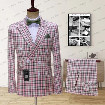 SILIWEYA 2023 Yeni Stil Butik Pembe Kafes Resmi iş Erkek Takım Elbise Seti Damat düğün elbisesi Kruvaze 2 adet