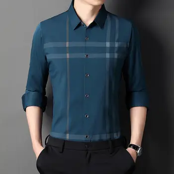 Moda Erkek Çizgili Ekose Gömlek İlkbahar Sonbahar Uzun Kollu İş Erkek Giysileri Düğme Yaka Streetwear Casual Gevşek Üstleri 2023