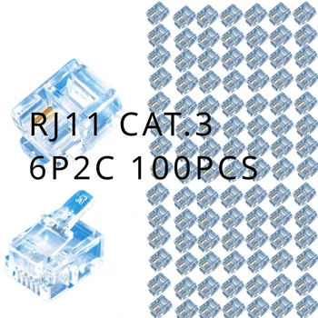 Cat3 RJ11 bağlayıcı Kedi.3-6P2C, modüler kablo kafa fişi altın kaplama preslenmiş telefon kristal kafa (100 adet)