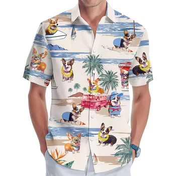 Yaz Güzel Köpek Baskı havai gömleği Erkekler İçin Nefes Rahat Kısa Kollu Tatil Plaj Gömlek Gevşek Yaka Düğmesi Gömlek