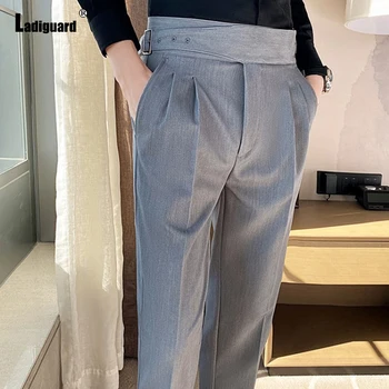 Ladiguard 2023 Erkek Zarif Resmi Parti Takım Elbise Pantolon Katı Vintage kalem pantolon Kore Tarzı Moda Bel Toka Takım Elbise Pantolon