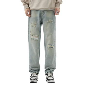2023 Yeni Sıkıntılı Kot erkek Trendi Çok Yönlü Sonbahar Düz Gevşek Açık pantolon erkek giyim yırtık kot