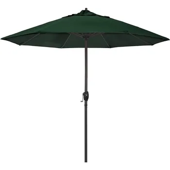 California Şemsiye 9 ' Rd Sunbrella Alüminyum Veranda Şemsiye, Krank Kaldırma, Otomatik Eğim, Bronz Direk, Orman Yeşili