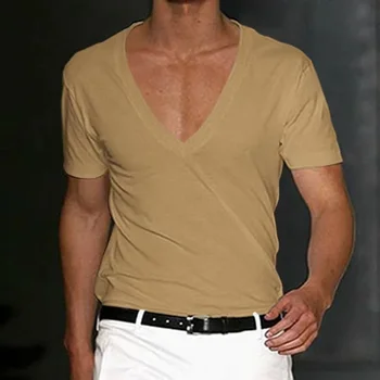 B1775 Erkek T-shirt Şort Kollu Derin V Yaka Üstleri Düz Renk Büyük Boy Tees Erkekler Streetwear Gevşek Kazak T Shirt İlkbahar Yaz