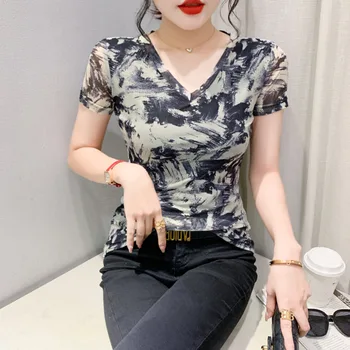 #6321 Yaz Örgü Kravat Boya Baskılı T Shirt Kadın V Yaka Seksi Ofis Vintage Gömlek Kısa Kollu Sıkı Elastik kadın Tee Gömlek