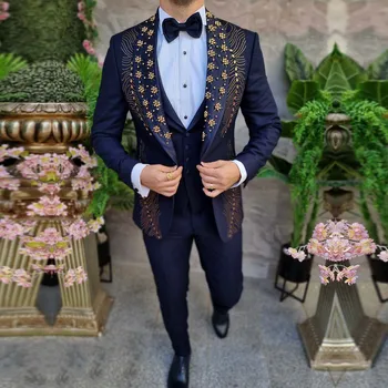 Lacivert Düğün Takımları Erkekler İçin Altın Boncuklu Ceket Yelek Pantolon 3 Adet Resmi Damat Smokin Custom Made İş Parti Elbise