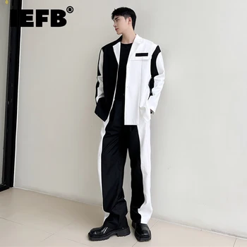 IEFB Kontrast Renk Takım Elbise Iki Parçalı erkek Iş Setleri Kore Tarzı Rahat Eğilim Blazers Ceket Geniş Bacak Gevşek Takım Elbise Pantolon 9C877