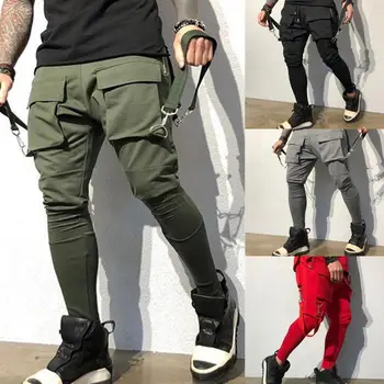 Elastik Bel Kayışı Püskül Çok Cepler Kargo Pantolon Erkek Düz Renk Orta katlı Rahat Hip Hop Pantolon Streetwear