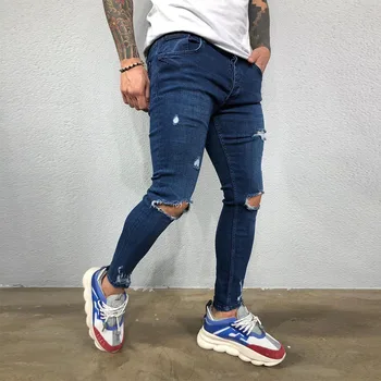 Erkekler Rahat Moda Yırtık Kot Yeni Gelenler Sokak Stili Elastik Saf Renk erkek kalem pantolon Hip Hop Erkek Mavi Kot pantolon