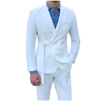 Kostüm Homme Kemer Tasarım Erkekler Beyaz Damat Smokin Doruğa Yaka Düğün Balo Elbise Özel MadeBest Adam 2 Parça Ceket + pantolon