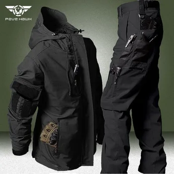 Su geçirmez Taktik Setleri Erkekler Askeri Çok cep Aşınmaya dayanıklı Kapşonlu Ceketler + Açık Ordu SWAT Savaş Kargo Pantolon 2 Adet Takım Elbise