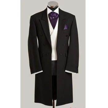 Tailcoat Tarzı Erkek Takım Elbise Groomsmen Kruvaze Düğün Tepe Yaka Damat Uzun Smokin En Iyi Erkek Takım Elbise 3 Adet (Ceket + Pantolon + Yelek)