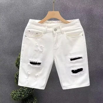 Yaz Erkekler Yıpranmış Delik Kot şort moda Marka Gevşek Düz Beyaz kısa pantolon