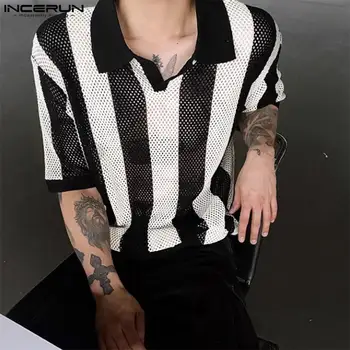 INCERUN Üstleri 2023 Kore Tarzı Yeni Erkek Çizgili Delikli Örme Gömlek Casual İyi Oturan Erkek Kısa Kollu Yaka Bluz S-5XL