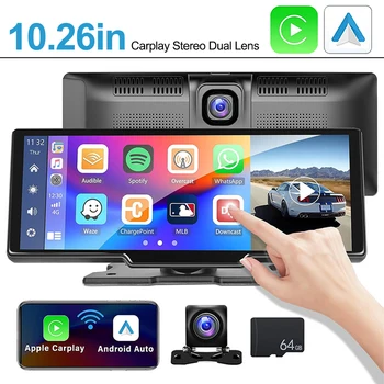 10.26 inç HD Kablosuz Araç Stereo CarPlay Android 4K Sürüş Kaydedici Dokunmatik Ekran DVR Video Kaydedici WiFi GPS Dikiz Kamera