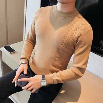 Sonbahar Kış Yuvarlak Boyun Örgü Kazak Erkekler için Düz Renk Uzun Kollu Casual Kazak Slim Fit Dip Triko Tops M-4XL