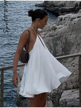 Kadınlar Katı Backless Mini Elbise Seksi Kolsuz Halter Lace Up Kapalı Omuz Pilili Elbiseler 2023 Moda Tatil Plaj Vestidos