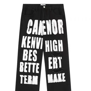 Mektup Baskılı erkek Kot Hip Hop Streetwear Yüksek Kaliteli Düz Bacak Gevşek Geniş Bacak Denim Pantolon Harajuku Erkek dökümlü pantolon
