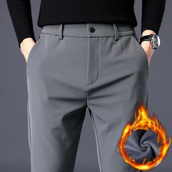 Erkekler Sonbahar Kış İş Moda Slim Fit streç pantolon Kalınlaşmak Polar Astarlı Sıcak Açık Eşofman Altı Takım Elbise Pantolon Erkek