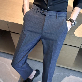 2023 Bahar Yüksek Bel İş Rahat Pantolon Erkekler Çizgili Resmi Elbise Pantolon Yüksek Kaliteli Erkek Resmi Ofis Sosyal Takım Elbise Pantolon