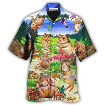 Erkek Moda Yaz T-Shirt hawaii hamsteri Hayvan 3d Baskı Rahat Rahat Bir Düğme Gömlek Kısa Kollu Plaj Büyük Boy Gömlek
