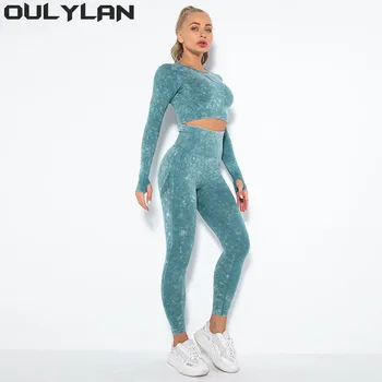 Oulylan Koşu Tayt Egzersiz Pan Dikişsiz Yoga Seti Spor spor takımları Spor uzun kollu giyim Kırpma gömlekler Yüksek Bel