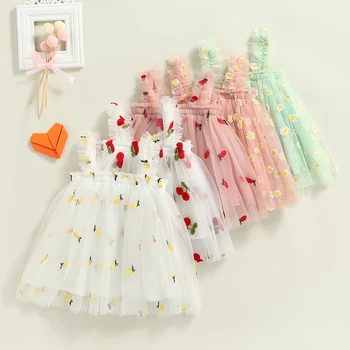 Yürümeye başlayan çocuk Elbiseleri Çocuk Kız Parti 2023 Yaz Kolsuz Papatya Çiçek Tutu Elbise Katmanlı Tül Elbise Prenses doğum günü elbiseleri